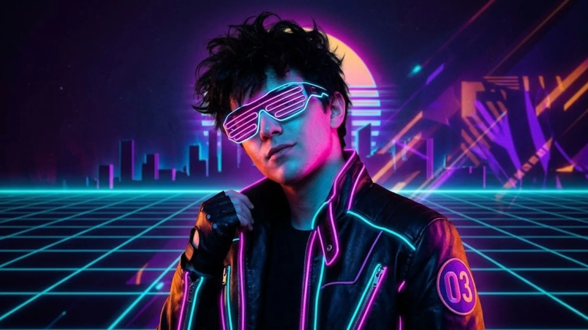 Prompt 17 1980s retro synthwave portrait with magenta cyan gradients